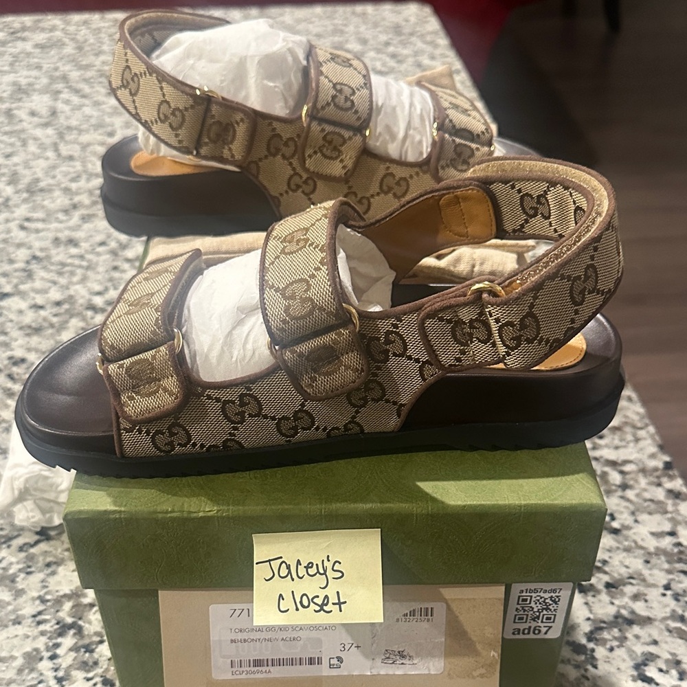 Gucci Beige and Brown Monogram Sandals